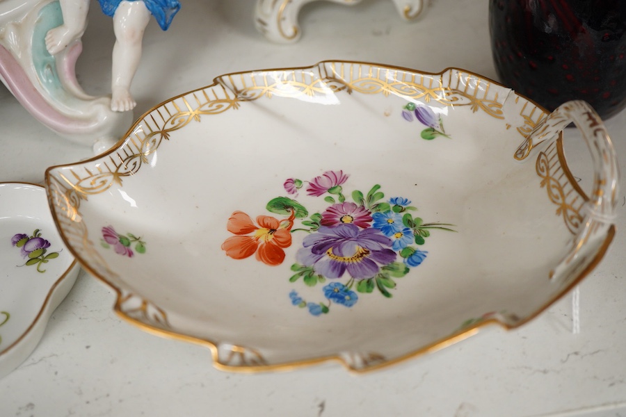 A Dresden style mirror, a Moorcroft pot, Doulton flambé vase and other ceramics, tallest 30cm